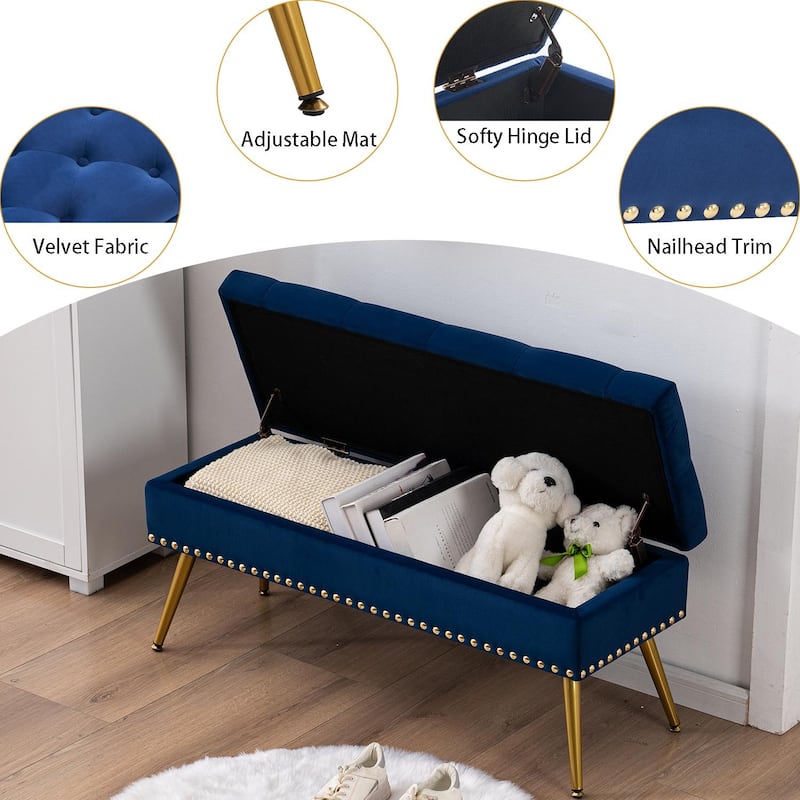 Velvet Storage Ottoman Bench with gold legs and Nailhead Trim for Bedroom/End of Bed/Entryway/Window
