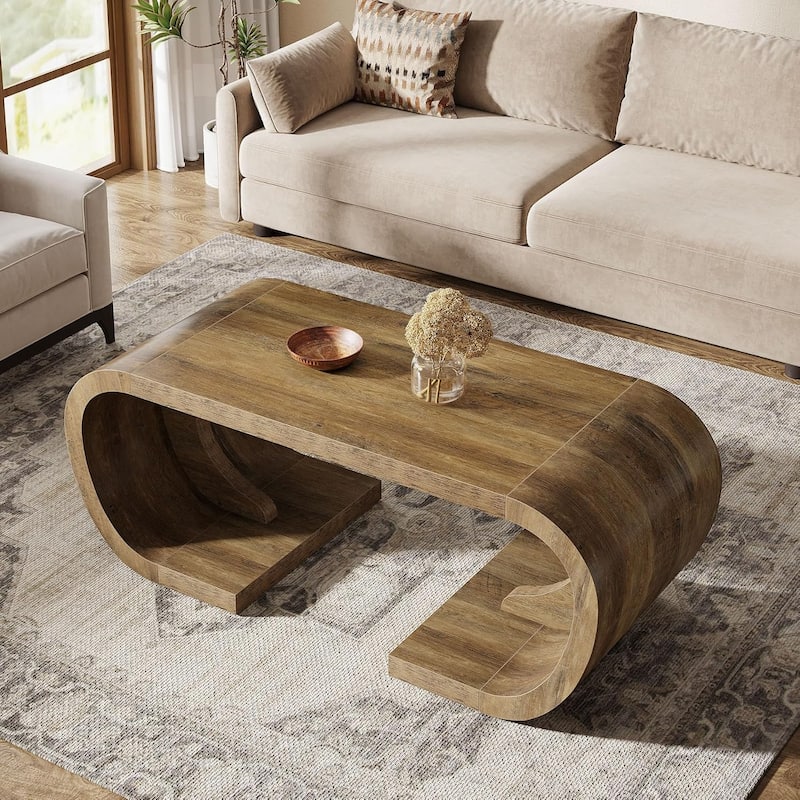47" Farmhouse Coffee Table, Heavy Duty C-Shaped Center Table with Curved Base for Living Room, Rustic Brown