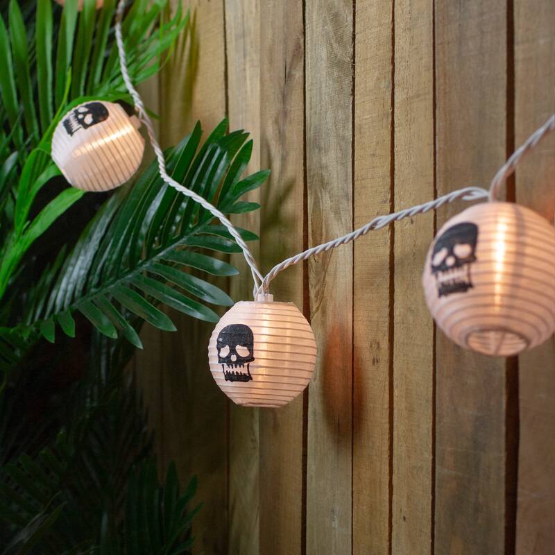 10ct White Black Skull Paper Lantern Halloween Lights 8.5ft White Wire
