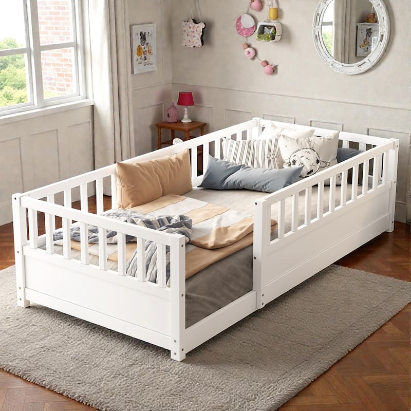 Montessori Wooden Floor Bed with High Safety Fence and Door, Pine Kids Floor Bed Frame for Boys and Girls