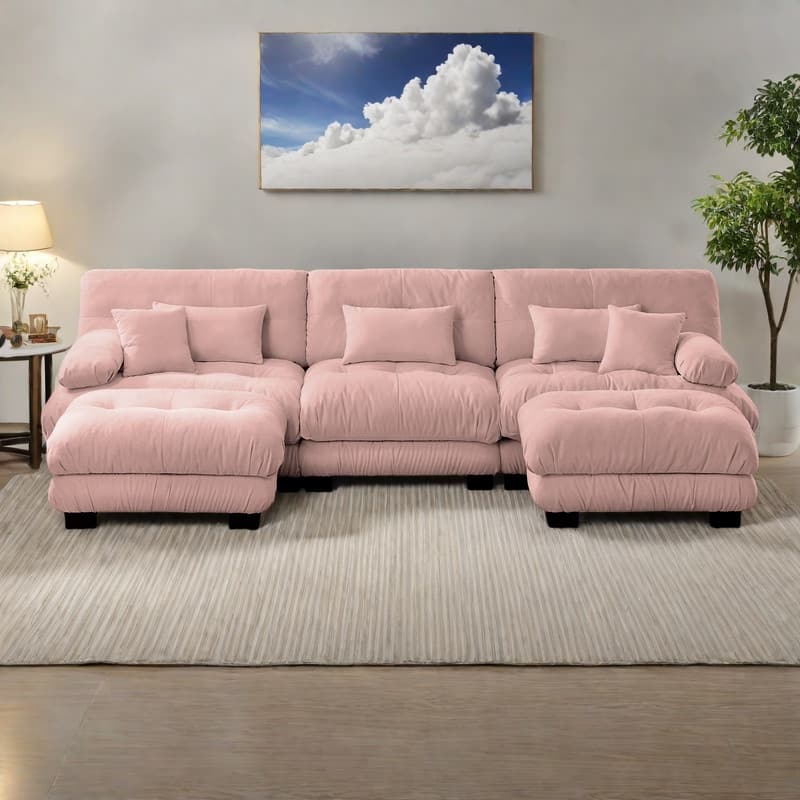 133.8" Chenille Modular 3-Seater U-Shaped Cloud Sectional Sofa with 2 Ottomans