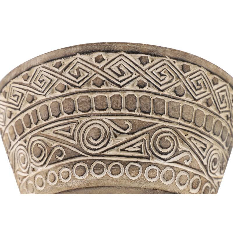 Large Round Decorative Hand-Carved Brown & White Wood Bowl w/ Tribal Design 15.5 x 7 - 16 x 16 x 7Round