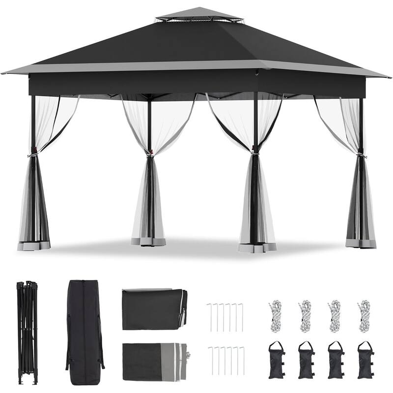 Bezseller 11' x 11' Pop -up Gazebo Tent with Mosquito Netting, Outoor Canopy Tent for Patio Garden Backyard Party - Black