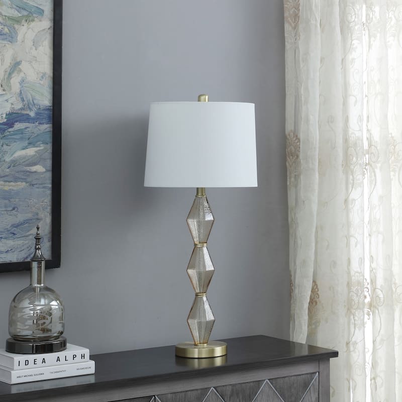 Modern Table Lamp - Geometric Glass Shade, Brushed Gold Base, Bedroom Desk Lamp