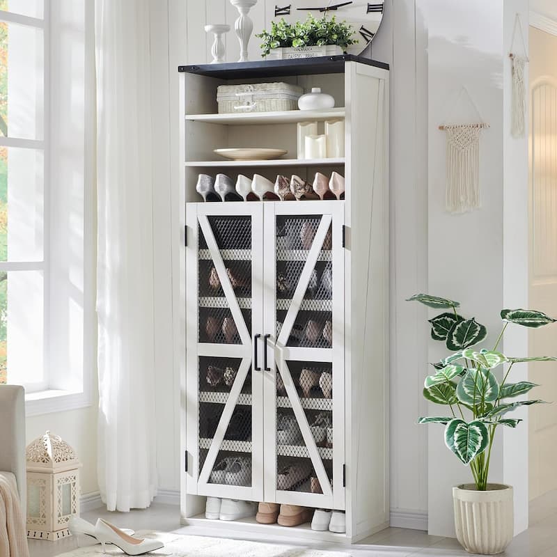 72" Tall Farmhouse Shoe Cabinet, Rustic Wooden Shoe Organizer - Off White