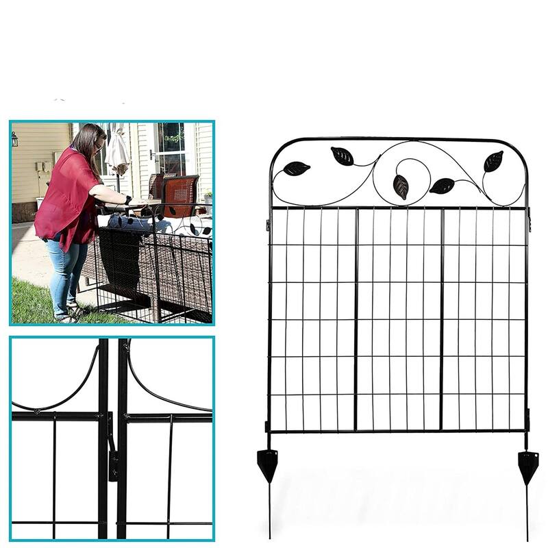 10ft Steel Garden Fencing Panels with Leaf Design Black Powder Coated Yard Border with Stakes - 120.5" W x 36" H