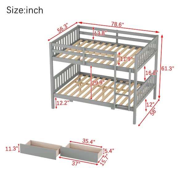 dimension image slide 2 of 3, Full Over Full Bunk Bed with Drawers, Solid Rubber Wood Frame with Ladder & Guardrails, Detachable into Two Beds