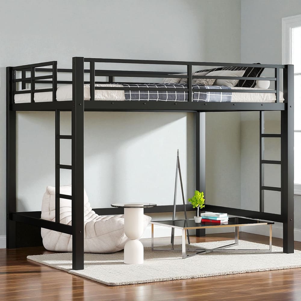 Twin/Twin XL/Full/Queen Size Metal Loft Bed with Guardrails and Dual Ladders, Space-Saving Loft Bed Frame for Bedroom or Dorm