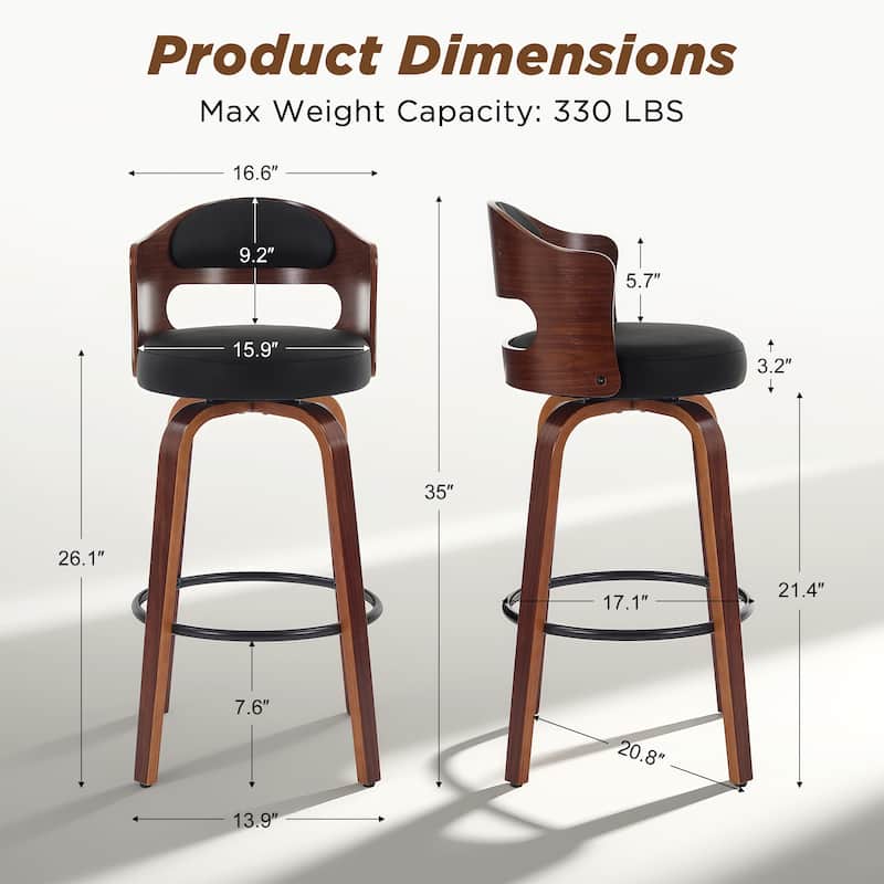 26"/29" Swivel Faux Leather Upholstered Bentwood Counter or Bar Height Stools, Set of 2/4