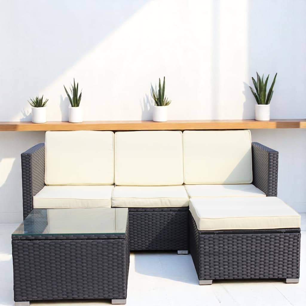 5-Piece Outdoor PE Rattan Patio Furniture Set,outdoor Sectional Sofa with Ottoman, Tea Table & Cushions,Tempered Glass Tabletop