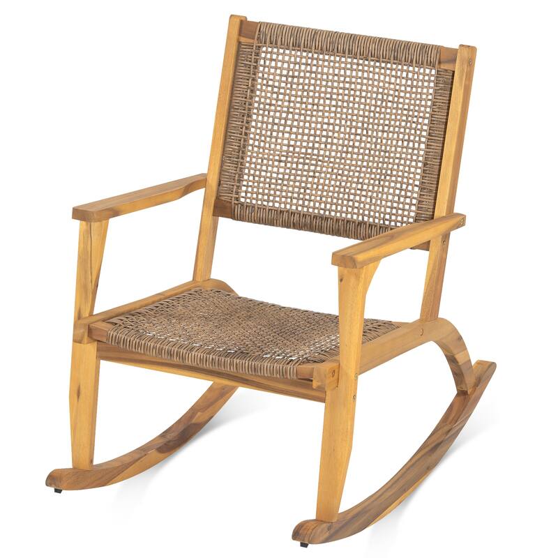 2-Piece Outdoor Acacia Wood Rocking Chair Set with Wicker Rattan Seat & Backrest
