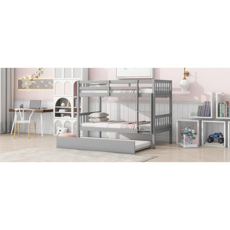 Roomfitters Twin Over Twin Rubber Wood Bunk Bed with Trundle, Convertible to Two Twin Beds, Ladder and Guardrails