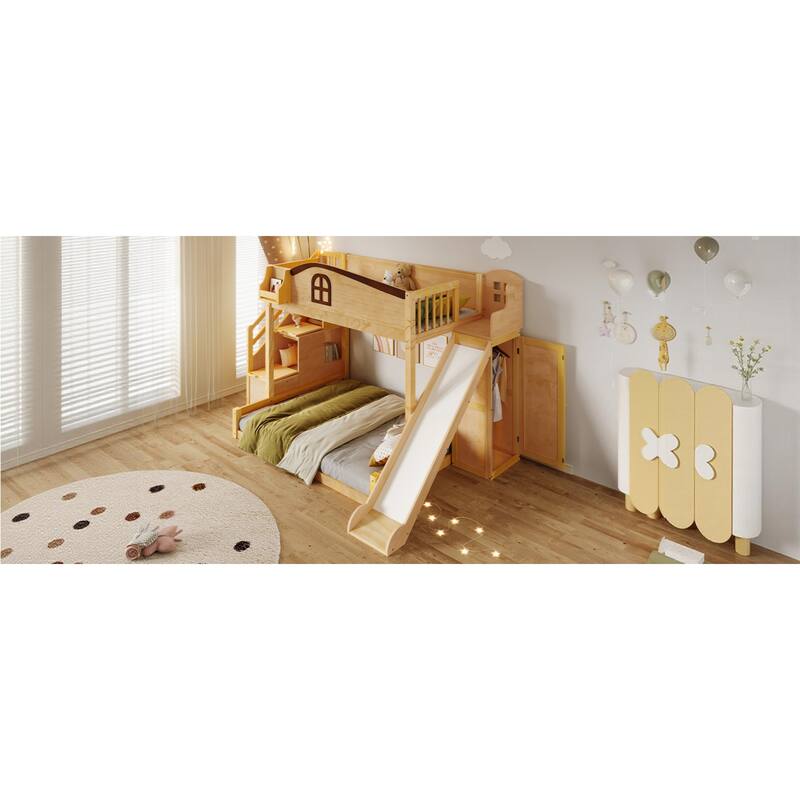 Roomfitters Twin Over Full Bunk Bed with Slide, Wardrobe and Storage Staircase