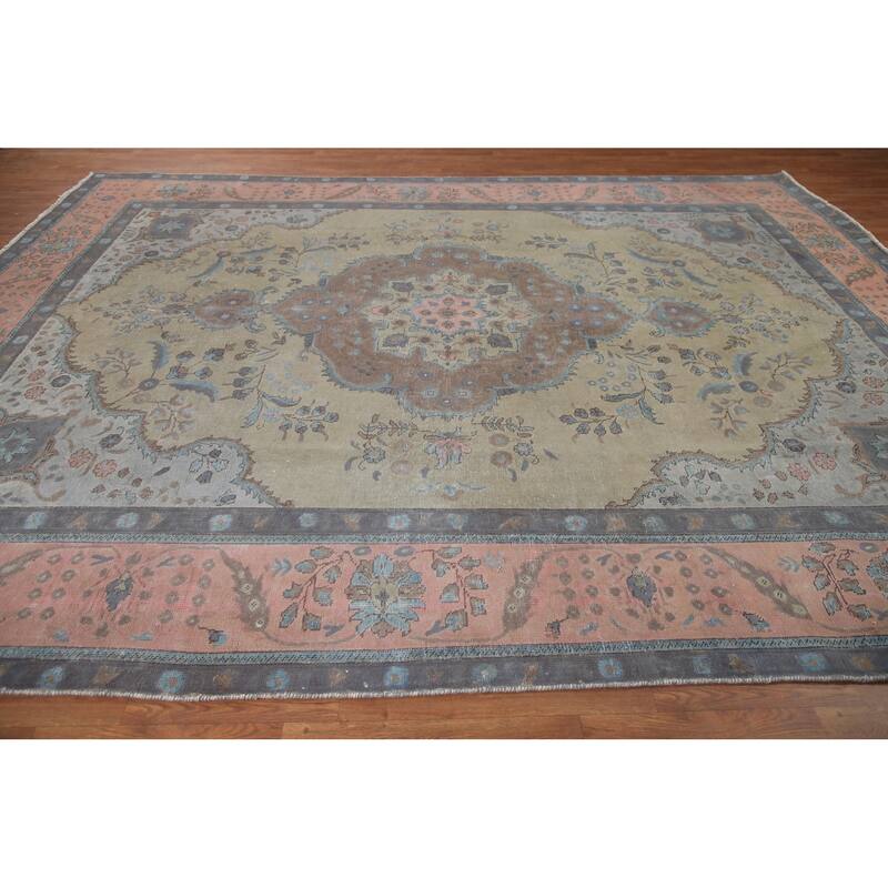 Hand Knotted Oriental 100% Wool Carpet Traditional Floral Green Tabriz Area Rug - 12' 0'' X 9' 4''