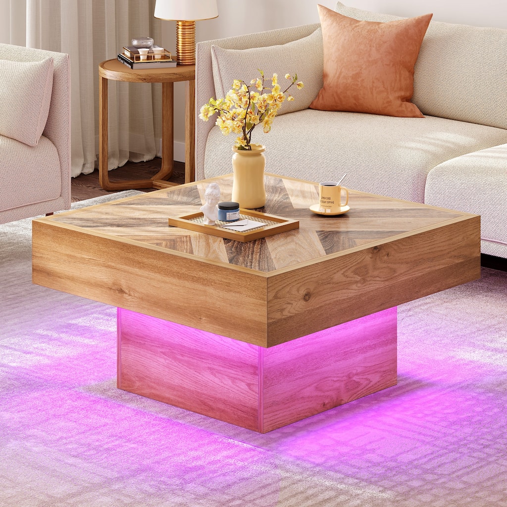 Moasis Farmhouse Square LED Coffee Table Engineered Wood Coffee Table for Living Room
