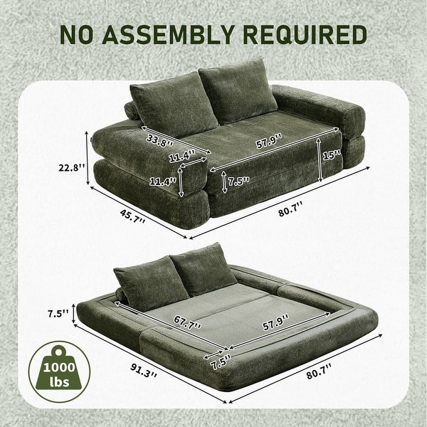 dimension image slide 0 of 2, Modern Chenille Convertible Sofa Bed Queen Size Split Back Design