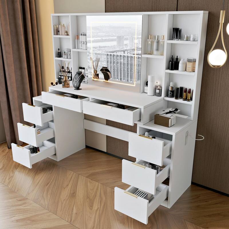 59" LED Makeup Vanity Desk with 8 Drawers, Adjustable Mirror & Storage