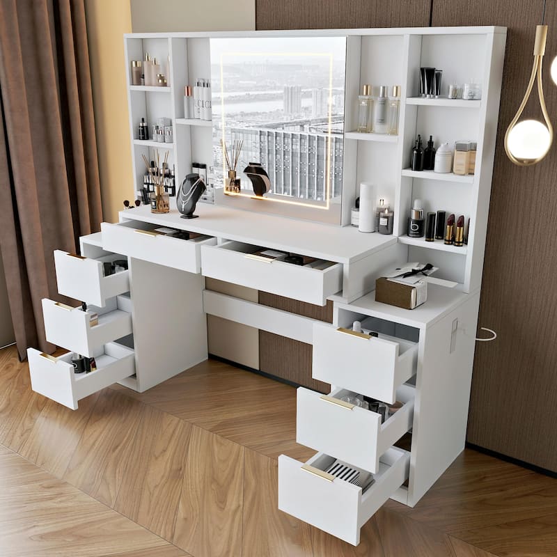 8 Drawers Makeup Vanity Desk, Large Vanity Table with Brightness Adjustable LED Mirror, Built-in Charing Station Dressing Table