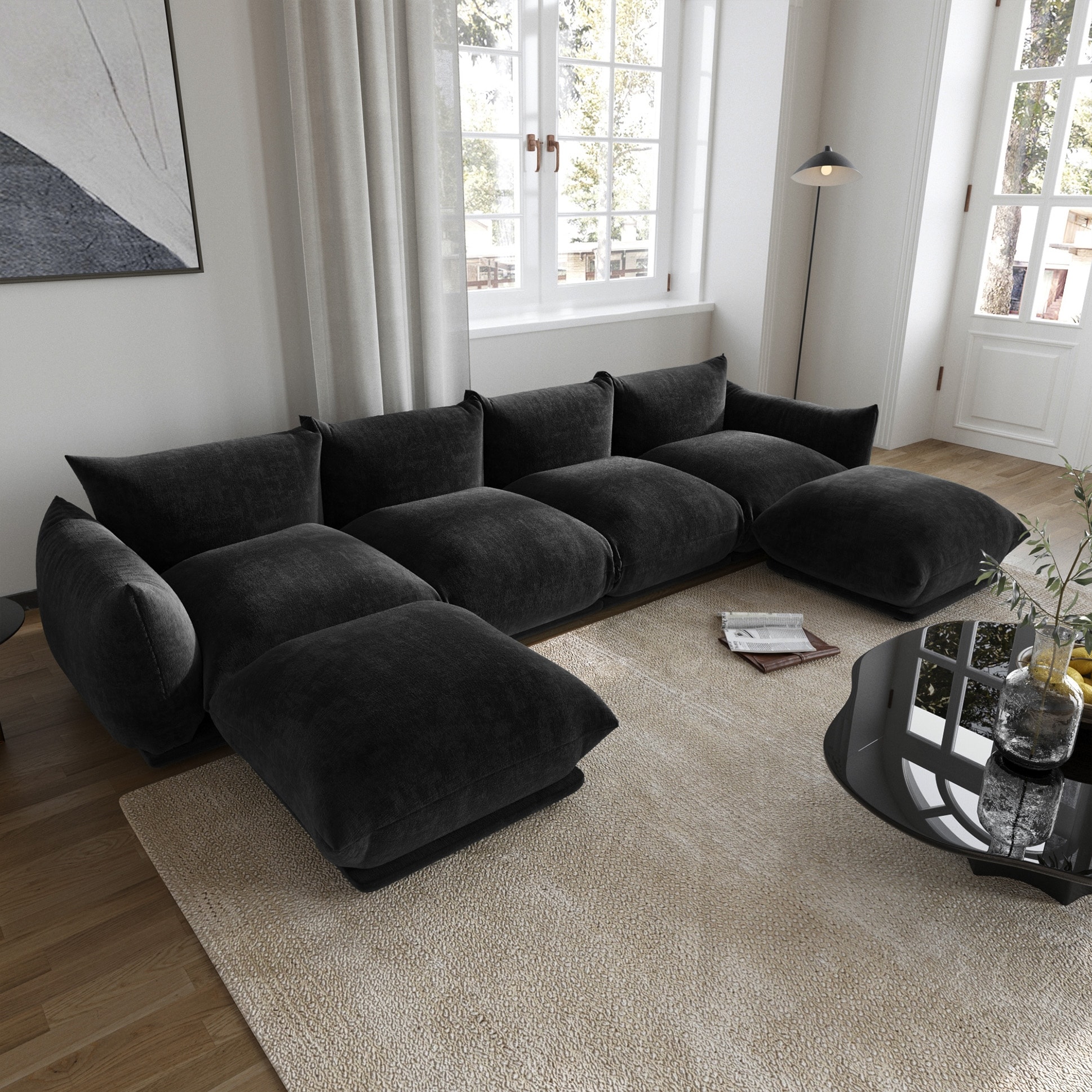 L-Shaped Sectional Sofa, Minimalist Chenille Modular Sofas Couches With Ottoman
