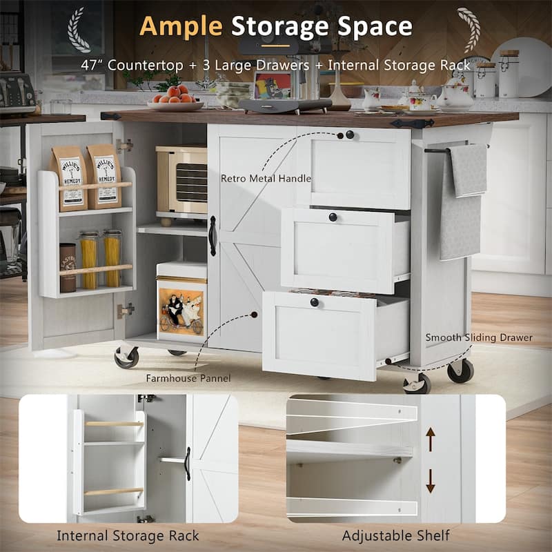 54.5"Wood Rolling Kitchen Island w/ Power Outlet,Internal Storage Rack