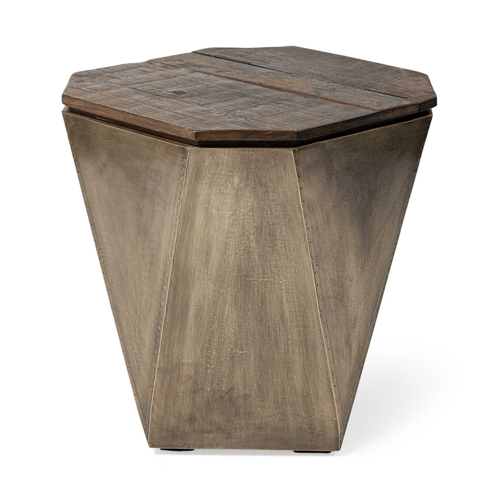 Brown Solid Wood Hexagon End Table with Brass Finish and Thick Top Frame - 19.3” x 19.3” x 21” (D x W x H)