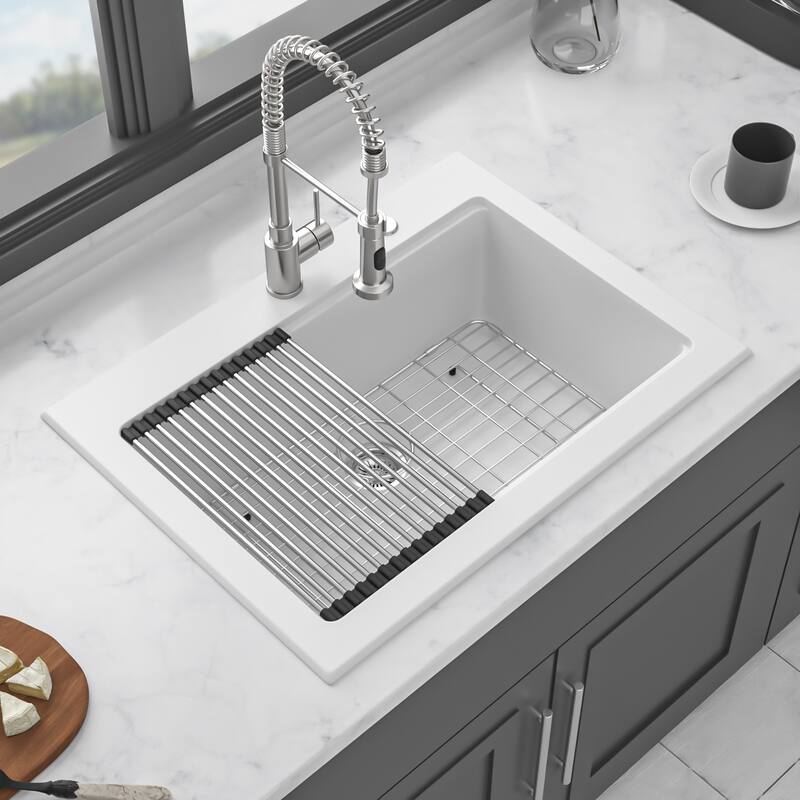 30" Drop-In Single Bowl Quartz Kitchen Sink with Pull-Out Faucet in White - 30'' x 22'' x 10''