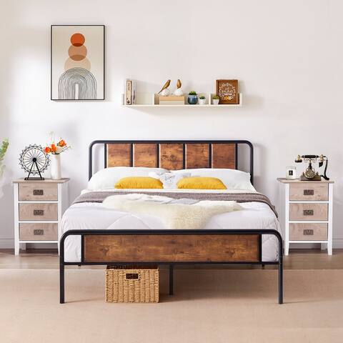 3-Pieces Bedroom Set Rustic Brown Platform Bed Frame and 3-Drawer Nightstands Set of 2