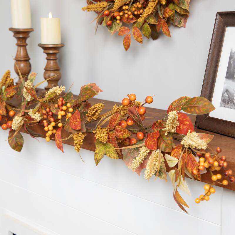 Autumn Leaves and Berries Artificial Fall Harvest Garland - 5' x 8" - 5' x 8"