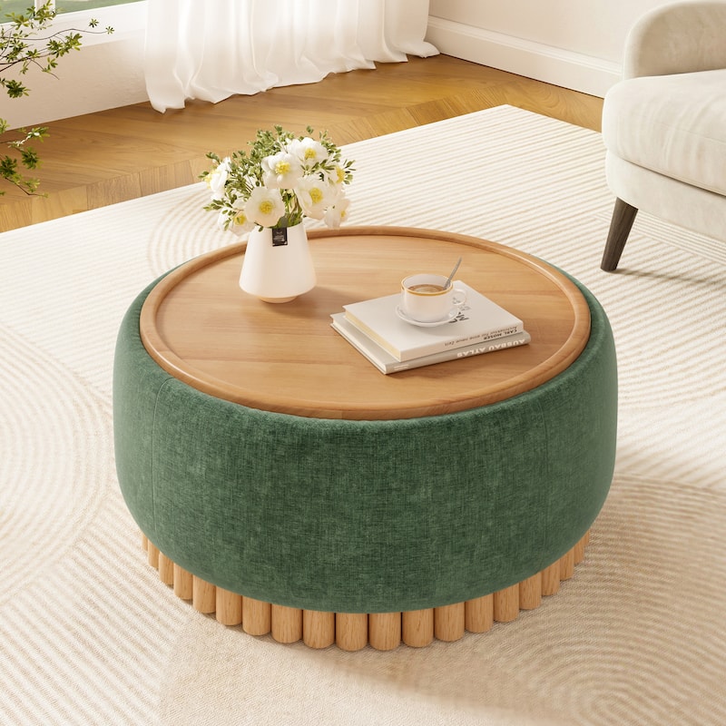 Roomfitters 29 Inch Round Storage Ottoman with Reversible Wooden Tray Top, Upholstered Coffee Table for Living Room
