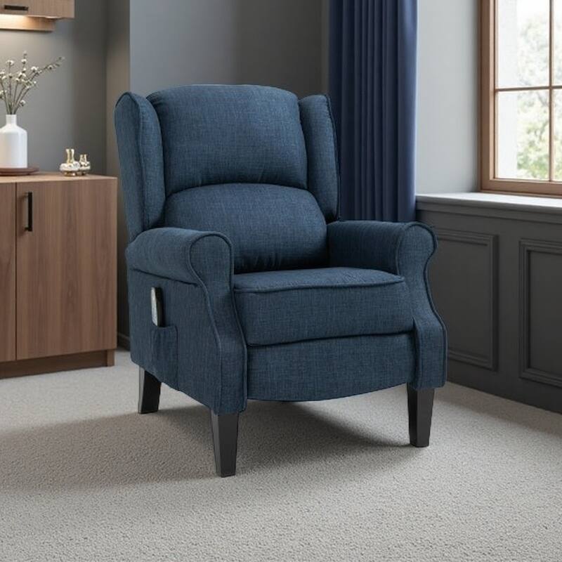 Linen Upholstered Recliner Sofa with Heat & Dual Massage Motors, Manual Reclining & Remote Control - Blue