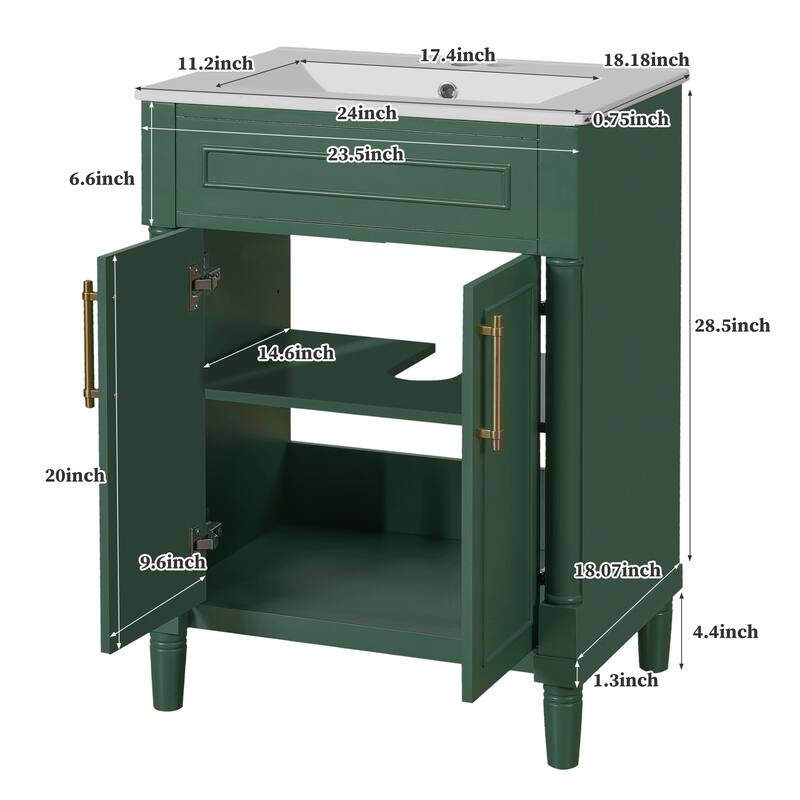 24" Bathroom Vanity with Integrated Ceramic Sink, Bathroom Cabinet with 2 Doors, Single Sink Bathroom Vanity