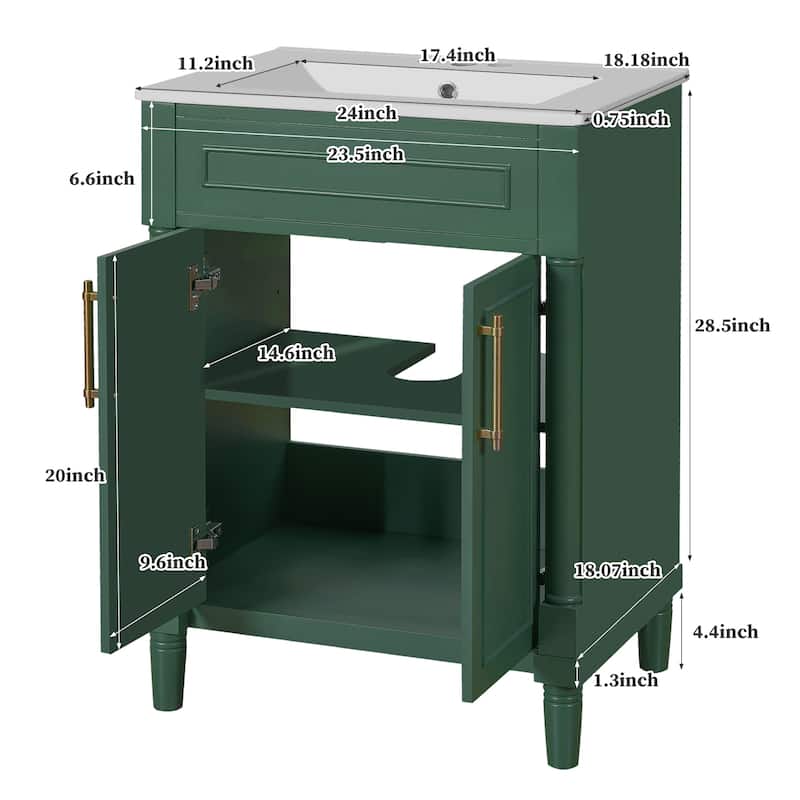 Modern 24 Inch Bathroom Vanity with Rectangular Sink, 2-Door Cabinet, Adjustable Shelf, Freestanding Design