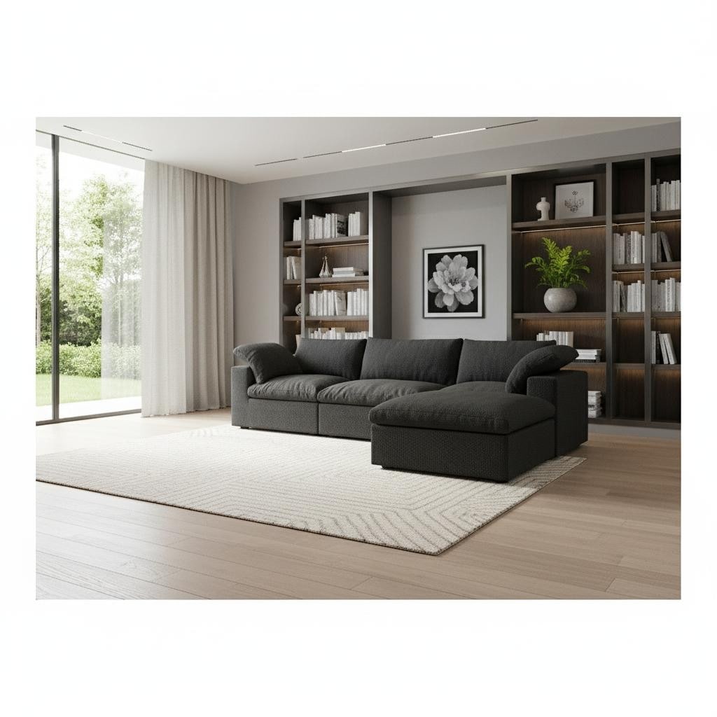 HomeRoots 120" Black Linen Blend Modular Wood Sofa With Ottoman And Storage