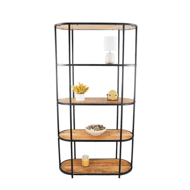 5-Tier Open Storage Wide Industrial Bookshelf Solid Mango Wood