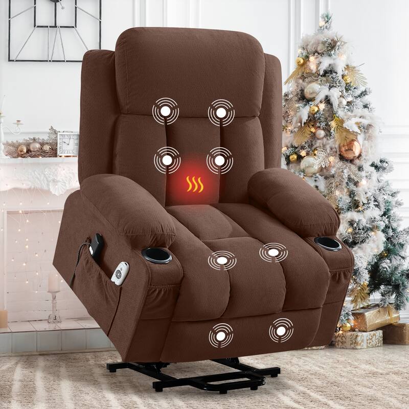 Power Lift Recliner Chair with Heat & Massage, USB Port & Remote Control for Elderly & Living Room - Brown