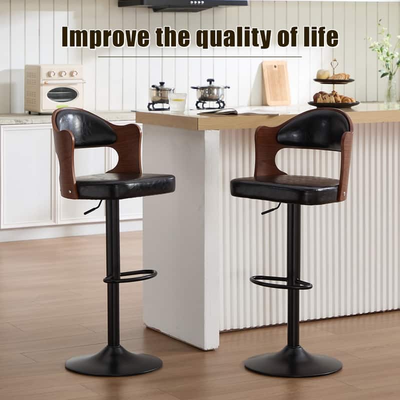 PU Leather Upholstered High-resilience Cushion 360° Swivel Adjustable Height Bar Stools with Footrest(set of 2)