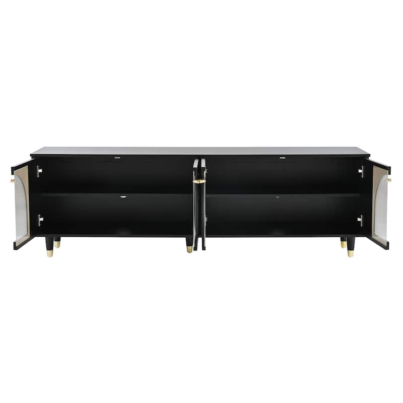 Black 69.6" TV Stand with Adjustable Shelves, Gold Handles and Arch Fluted Glass Doors for TVs Up to 78"