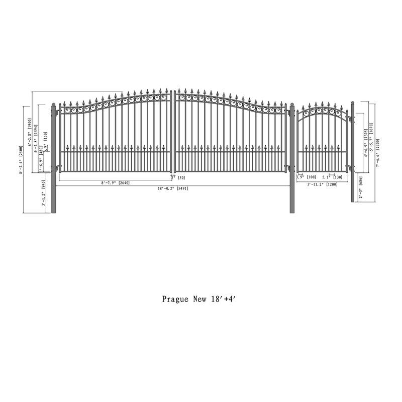 ALEKO Dual Swing Steel Driveway Gate 18 ft Prague Style with Pedestrian Gate