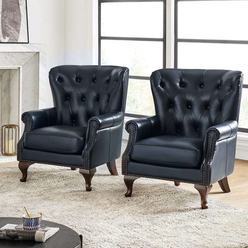 Gerhard Genuine Leather Waterproof Armchair with Solid Wood Legs and Removable Cushion Set of 2 by HULALA HOME