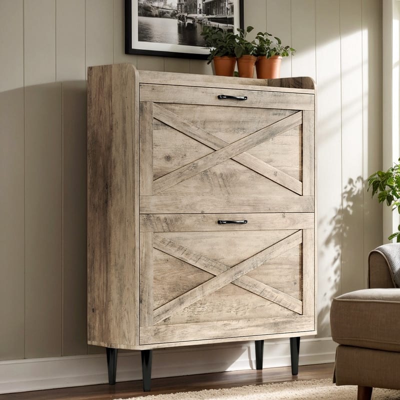 2 Flip 1 Barrier Barn Door Shoe Cabinet Melamine Embossed 31.6in
