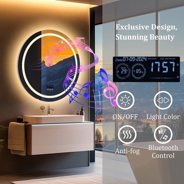 Led bathroom mirror with demister and bluetooth top