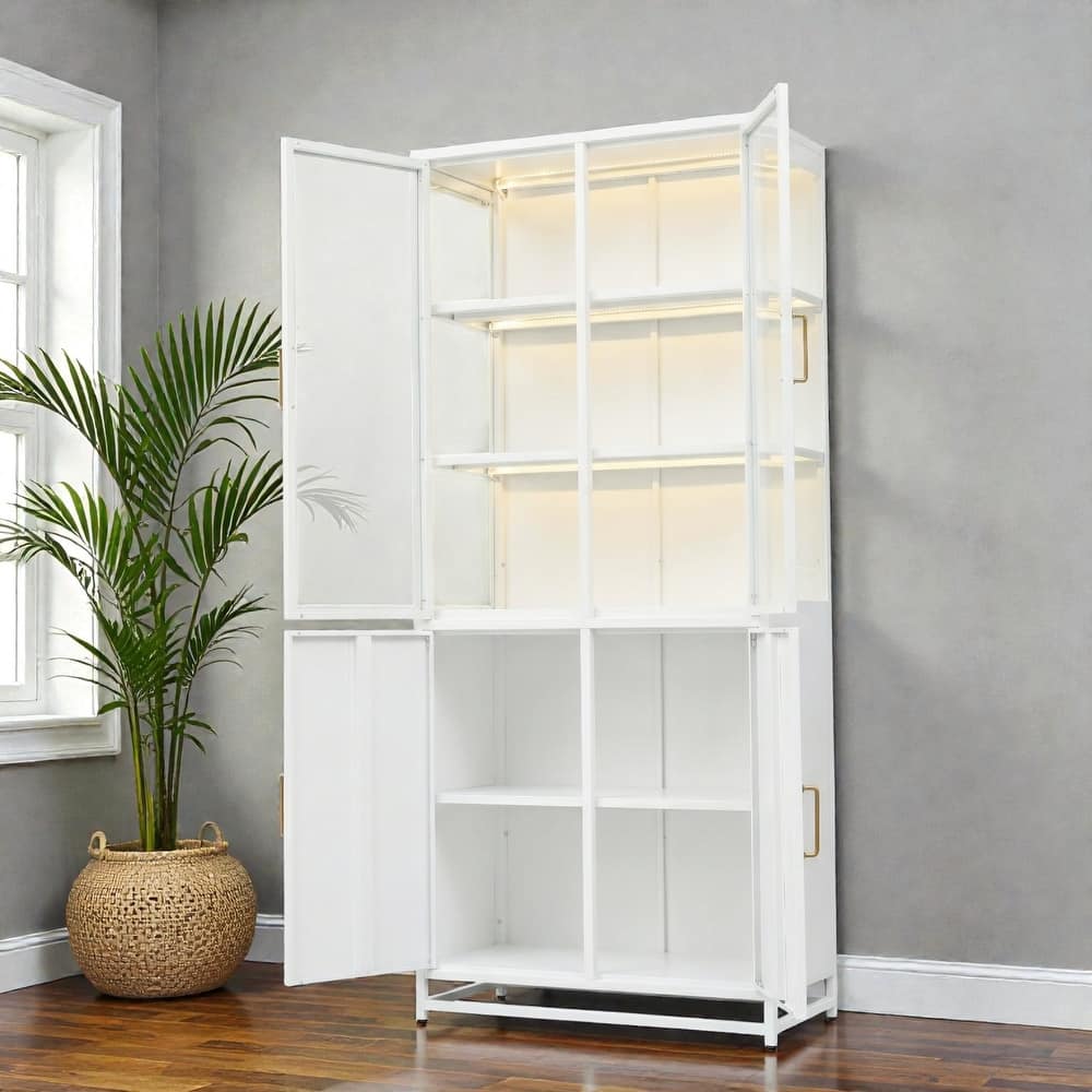 76.75 Inch Glass Display Cabinet with LED Lights, 3 Sided Tempered Glass Steel Curio Cabinet with Double Doors