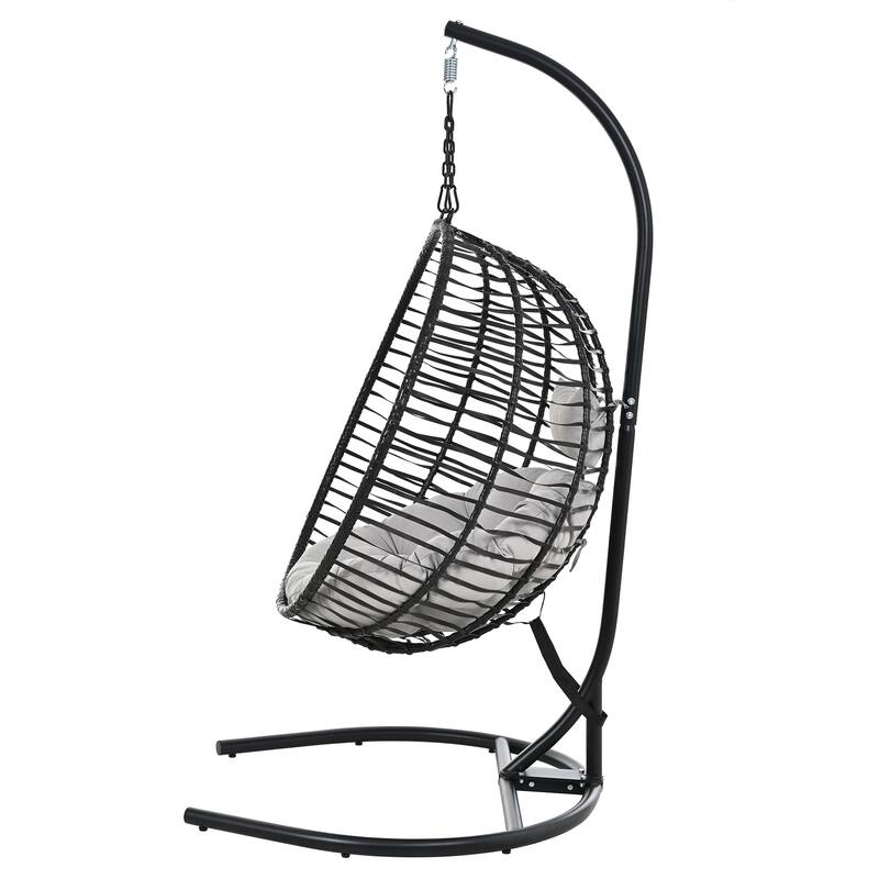 Single Person Folding Egg Chair with Stand, Hanging Egg Chair, Wicker Hammock Swing Chair with Adjustable Anti-Slip Feet