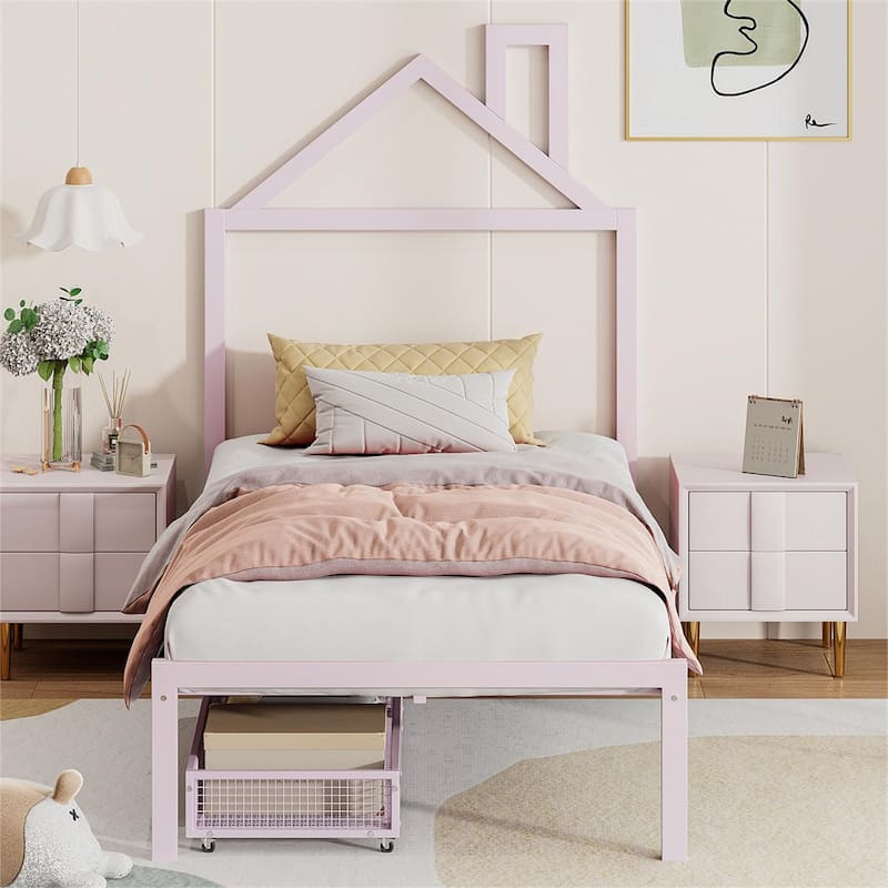 Twin Size House Shaped Metal Platform Bed with Drawers - Pink