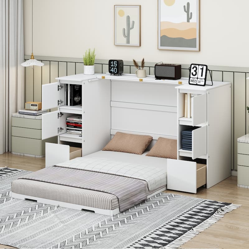 Modern Style Murphy Bed with Drawers, Cabinets and USB Ports for Bedroom