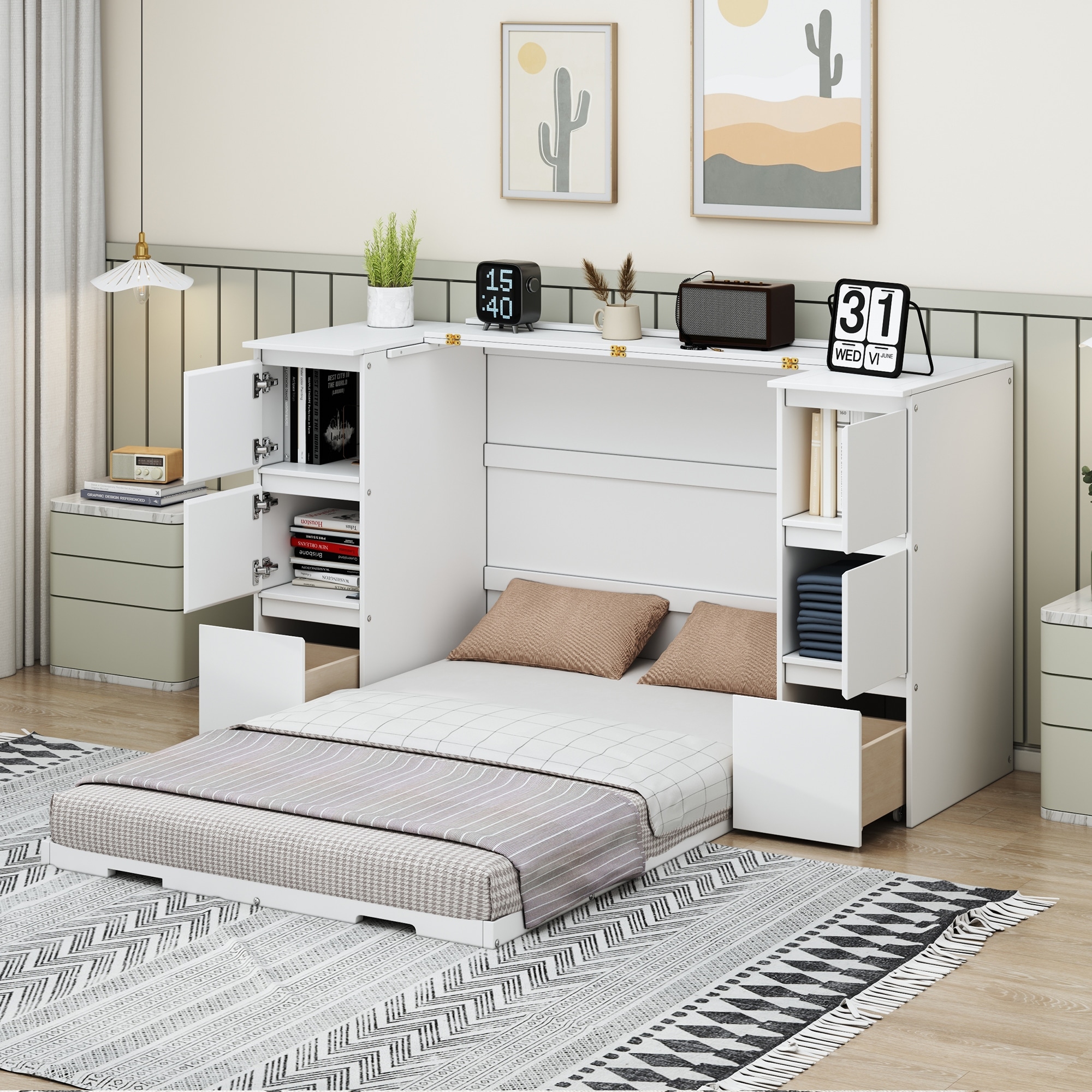 Twin/Full Size Murphy Bed with Drawers, USB Ports, and Storage Cabinets, Space-Saving Design