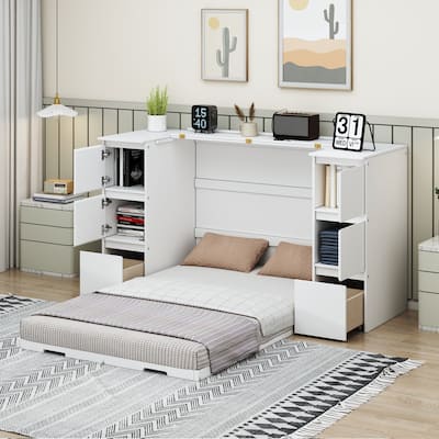 Twin Size Murphy Bed with Drawers, Cabinets and USB Ports