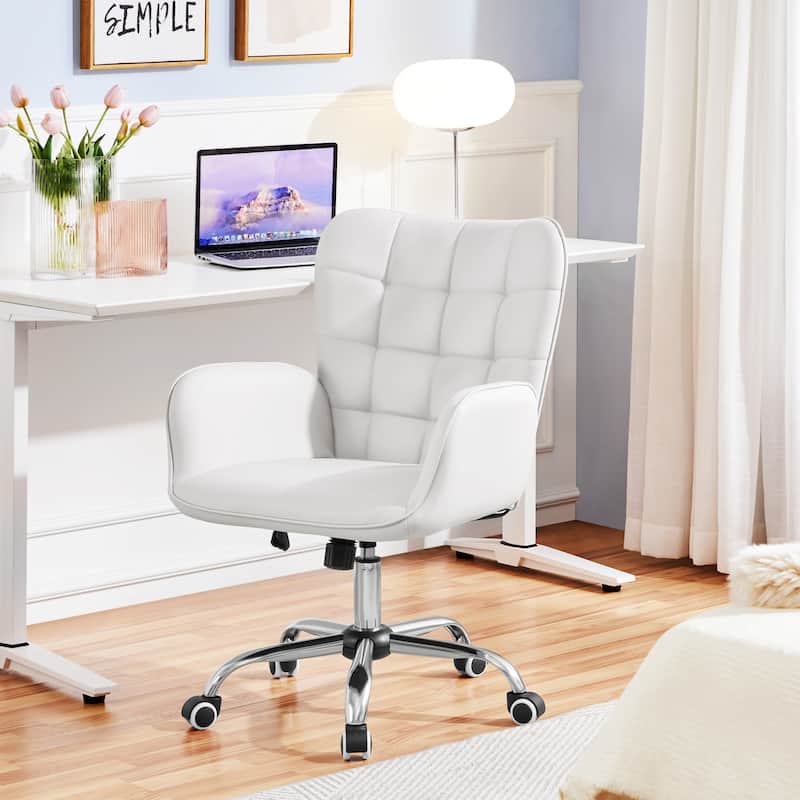 Yaheetech Faux Leather Desk Chair with Padded Armrests Modern Office Chair - White