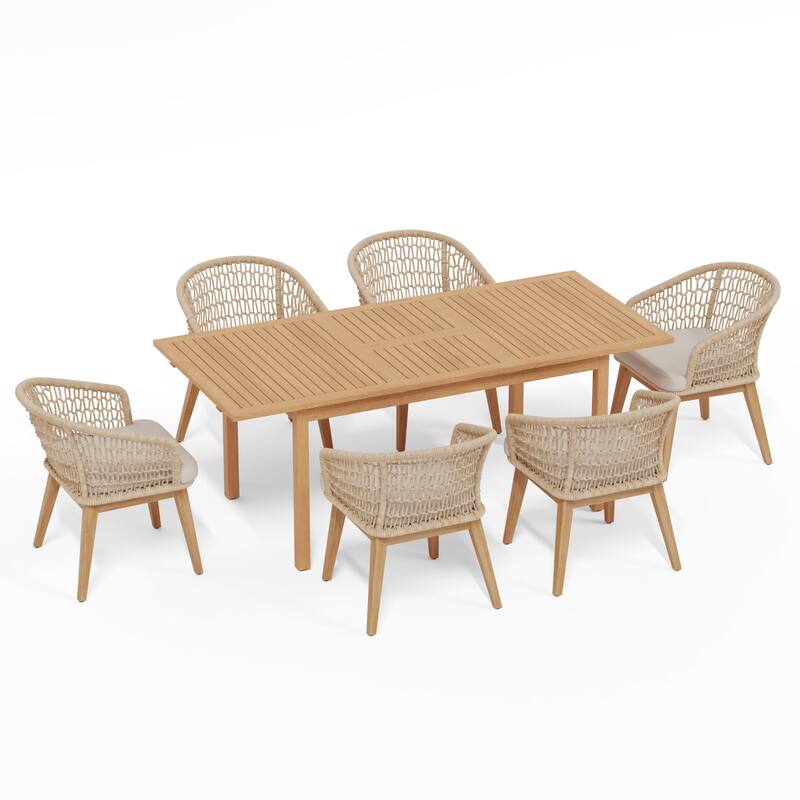 Outdoor Wooden Dining Table Set with 6 Woven Rope Chairs