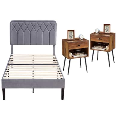 VECELO 3-Pieces Upholstered Platform Bed Frame with Adjustable Headboard and Nightstands Set of 2, Grey